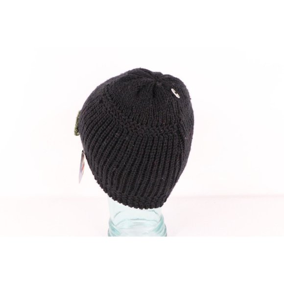 NOS Vintage 90s Streetwear Womens Chunky Knit Floral Flower Beanie Hat Cap Black